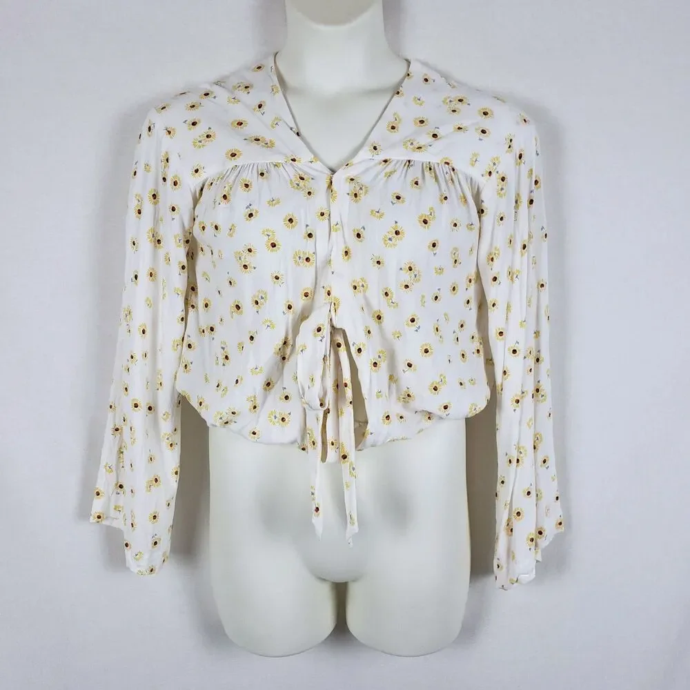 Free People Sunflower Tie-Front Peasant Top Womens L White Floral Cropped Flare